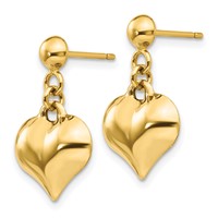 14K Yellow Gold Polished Puffed Heart Dangle Post Earrings view 2