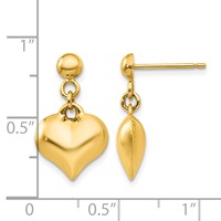 14K Yellow Gold Polished Puffed Heart Dangle Post Earrings view 4