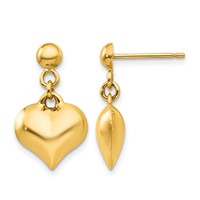 14K Yellow Gold Polished Puffed Heart Dangle Post Earrings view 1
