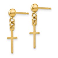 14K Yellow Gold Polished Cross Dangle Post Earrings view 2