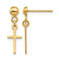 14K Yellow Gold Polished Cross Dangle Post Earrings view 1