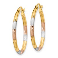 14K W White and Rose Rhodium 2mm Satin & D C Hoop Earrings view 2