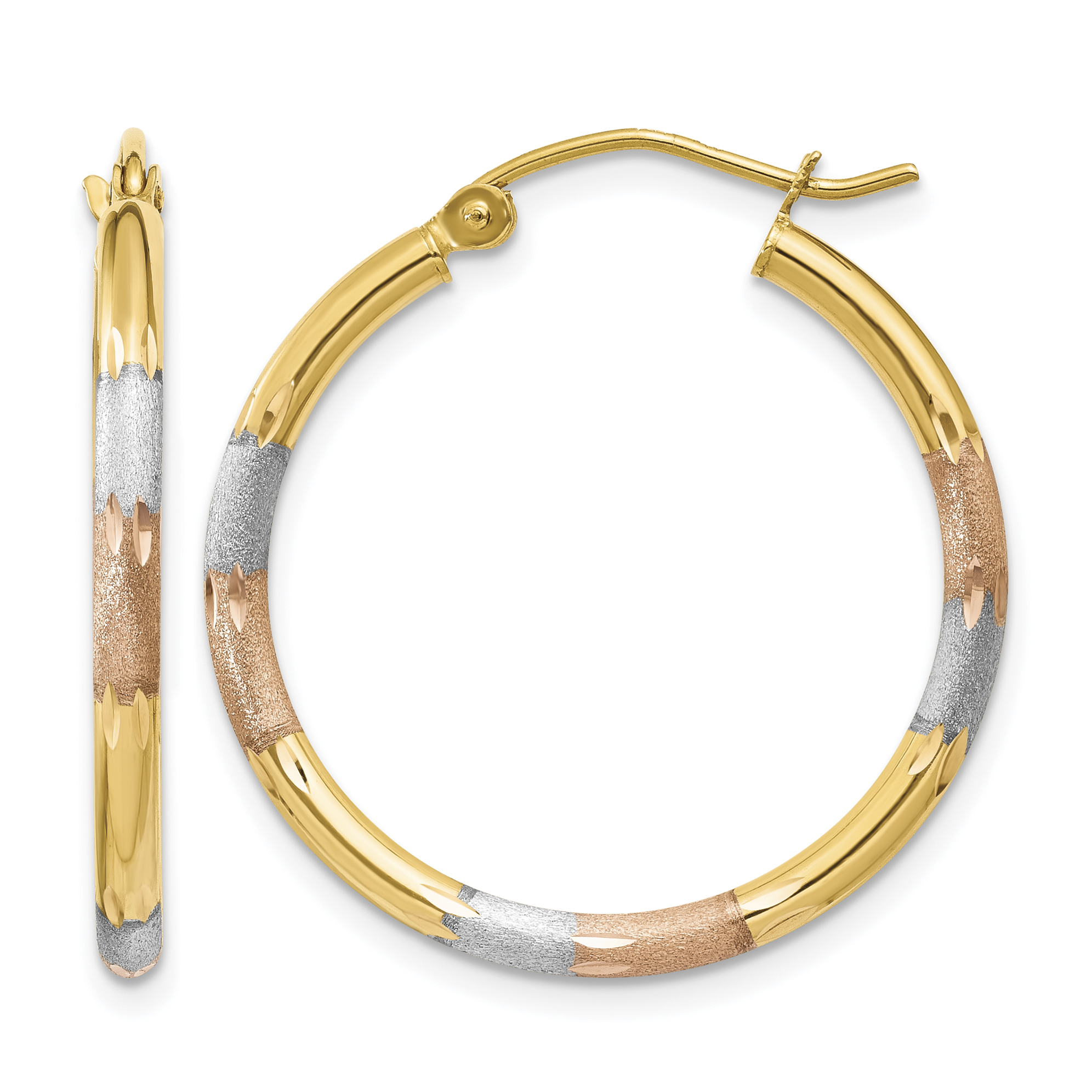 14K w/White and Rose Rhodium 2mm Satin & D/C Hoop Earrings (TC775)
