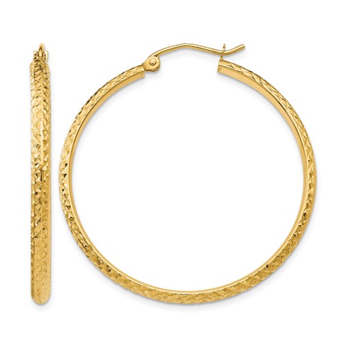 14K Yellow Gold 2.8x 37mm Diamond-cut Tube Hoop Earrings
