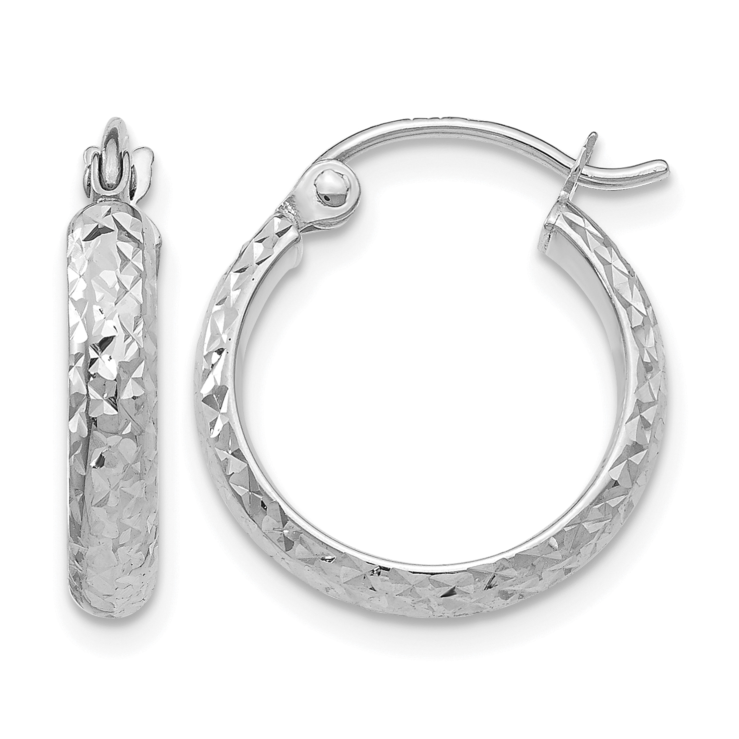 14K White Gold Diamond-cut 2.8x15mm Hollow Hoop Earrings (TC799)