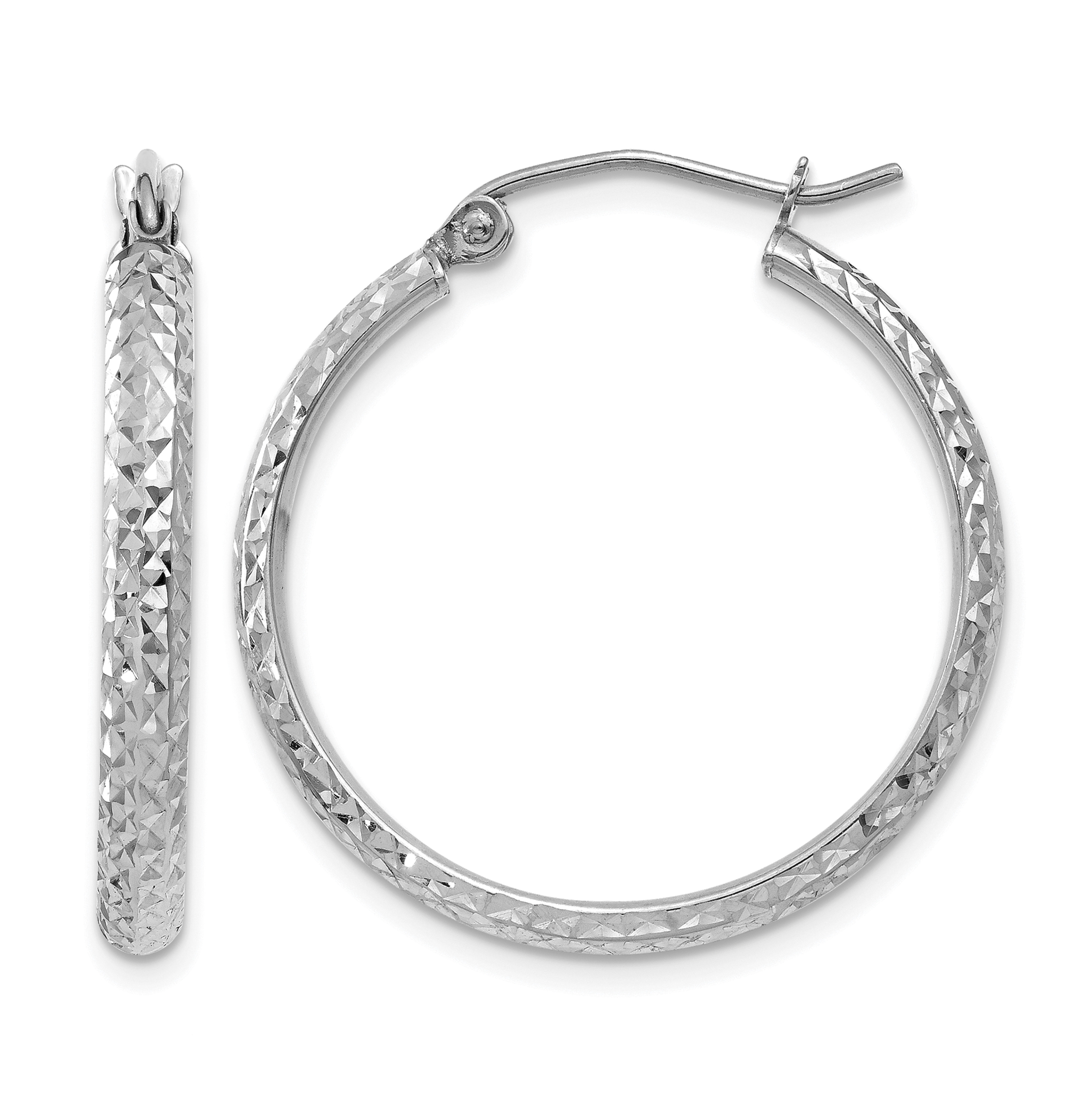 14K White Gold Diamond-cut 2.8x25mm Hollow Hoop Earrings (TC801)