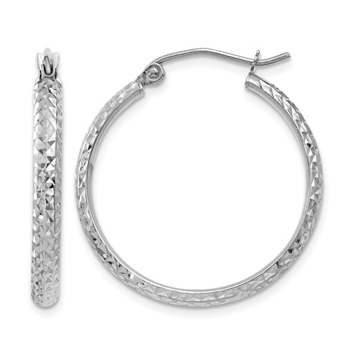 14K White Gold 2.8x 25mm Diamond-cut Tube Hoop Earrings
