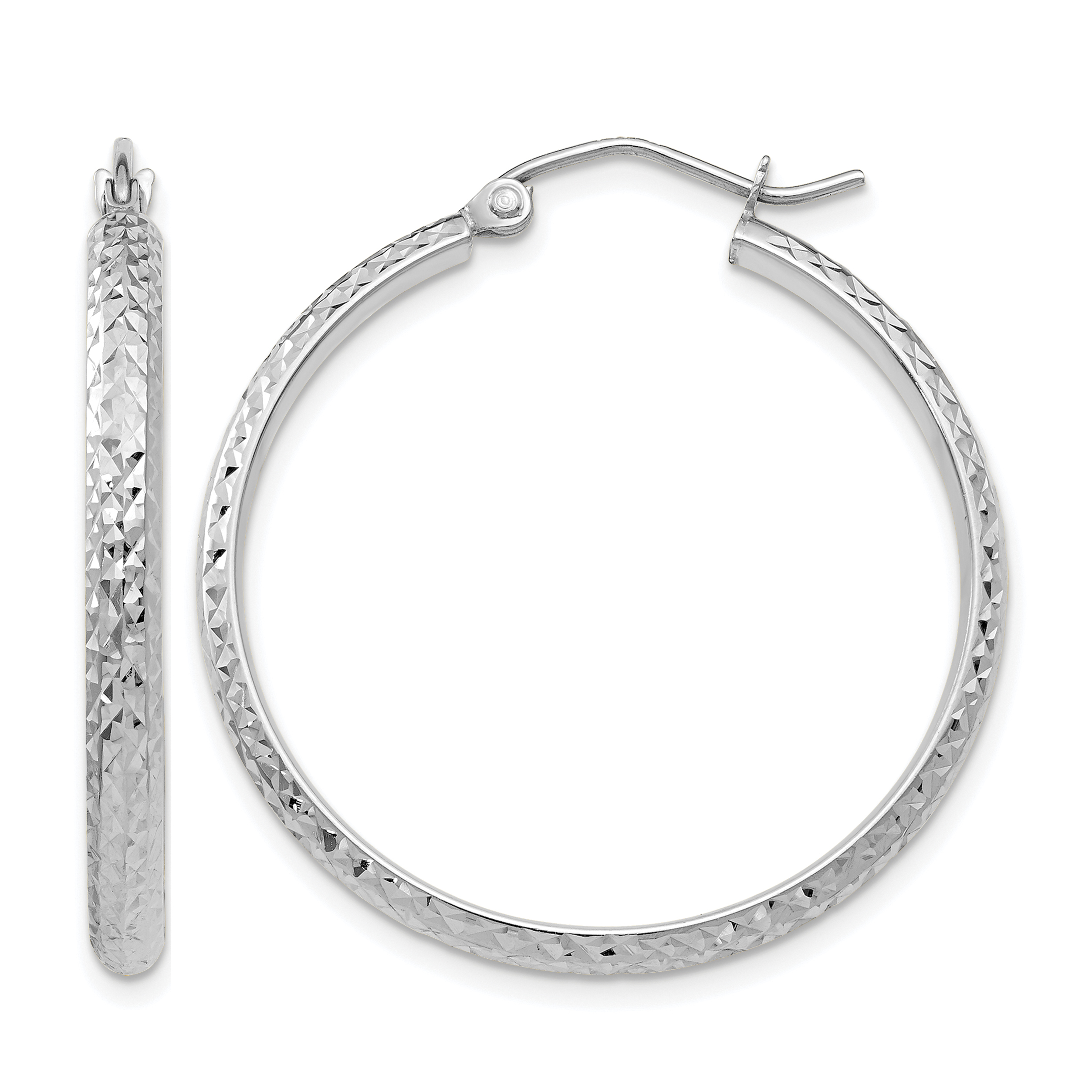 14K White Gold Diamond-cut 2.8x30mm Hollow Hoop Earrings (TC802)