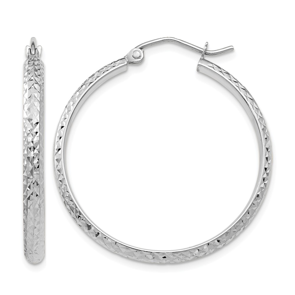 14K White Gold Diamond-cut 2.8x30mm Hollow Hoop Earrings (TC802)