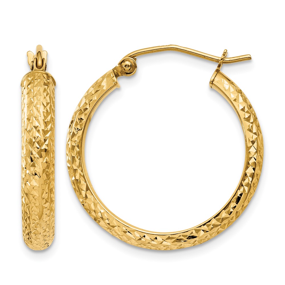 14K Diamond-cut 3.5x22mm Hollow Hoop Earrings (TC807)