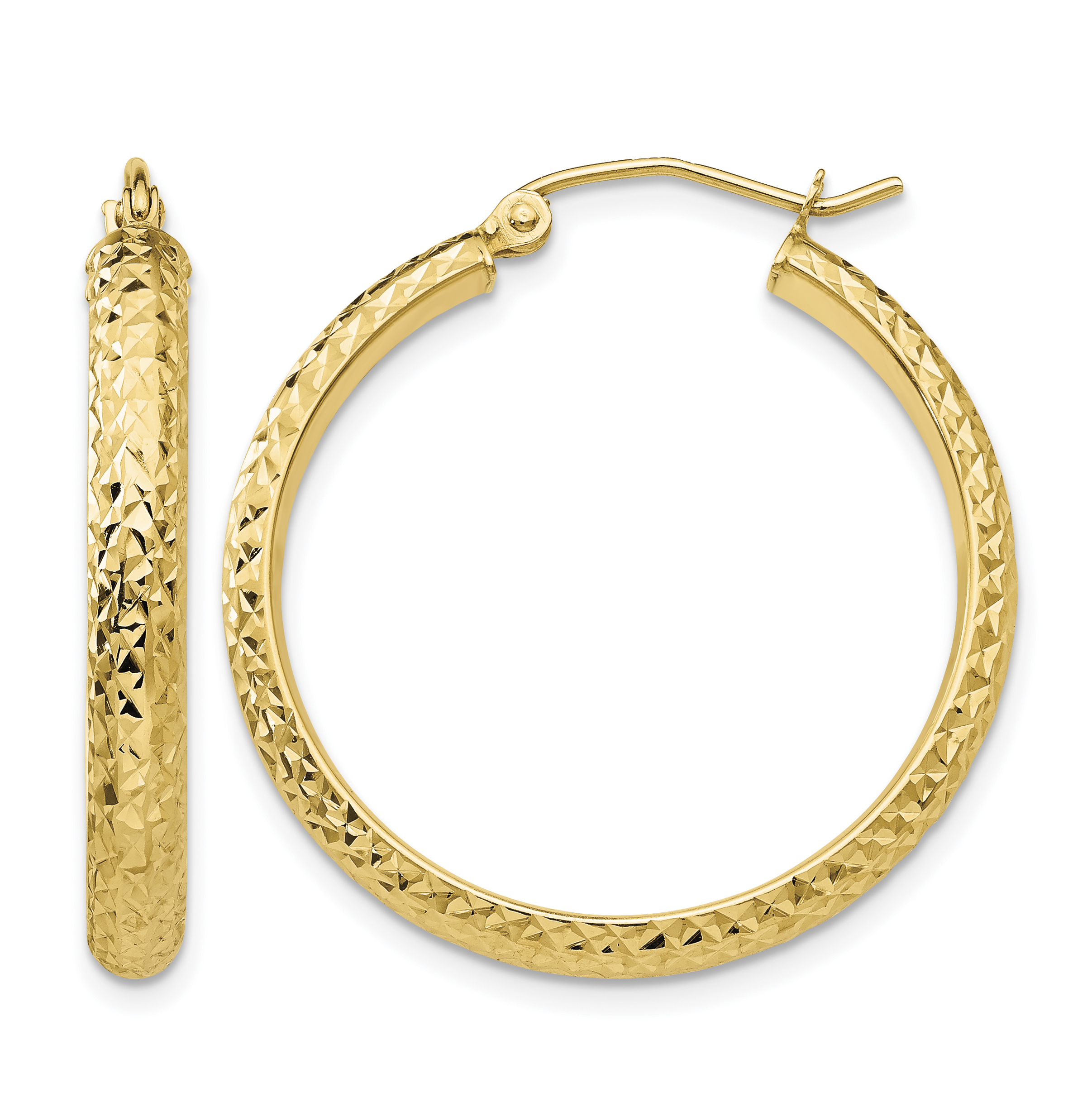 14K Diamond-cut 3.5x28mm Hollow Hoop Earrings (TC808)