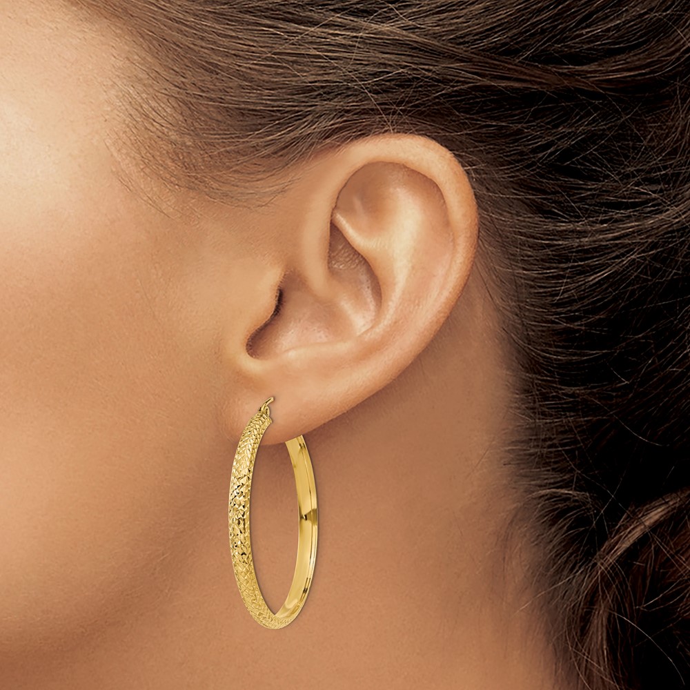 14K Diamond-cut 3.5x38mm Hollow Hoop Earrings (TC809)