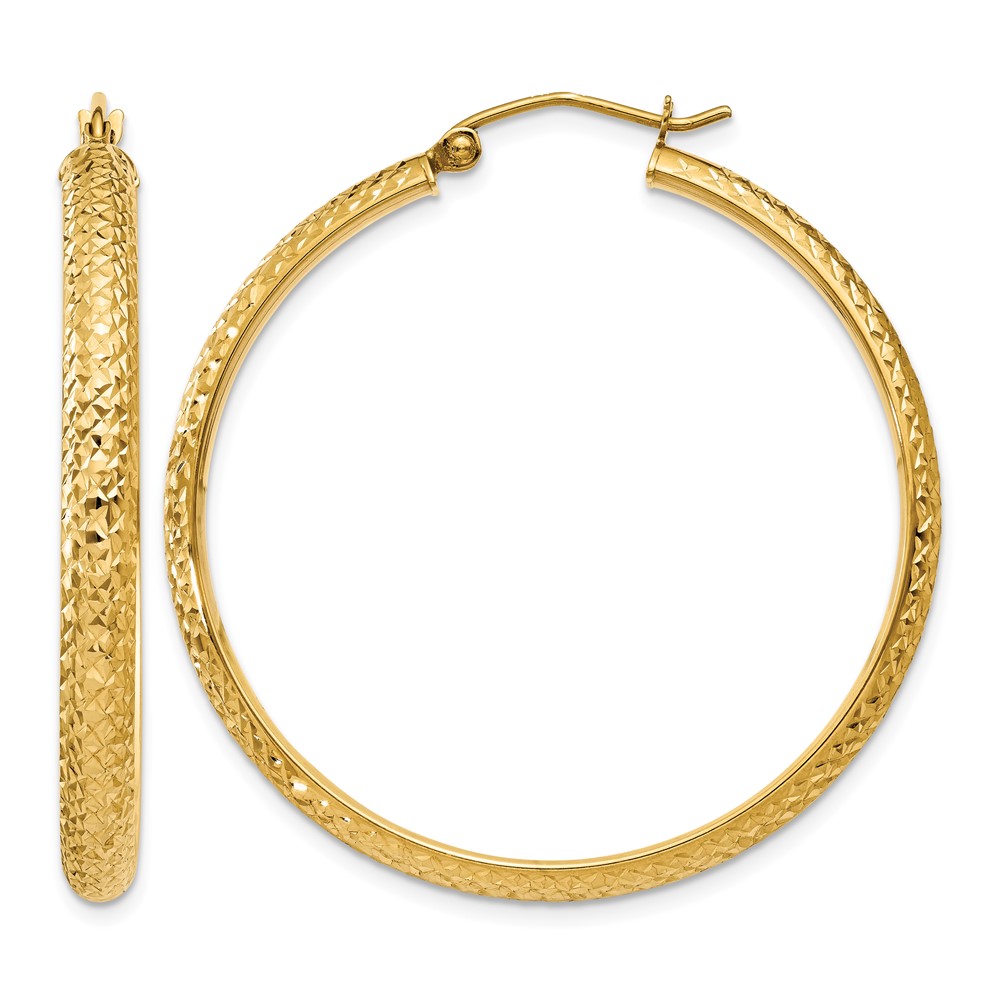 14K Diamond-cut 3.5x38mm Hollow Hoop Earrings (TC809)