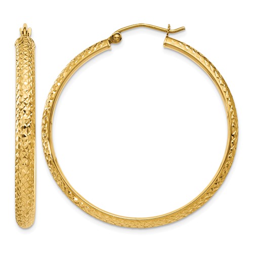 14K Yellow Gold 3.5x 38mm Diamond-cut Tube Hoop Earrings
