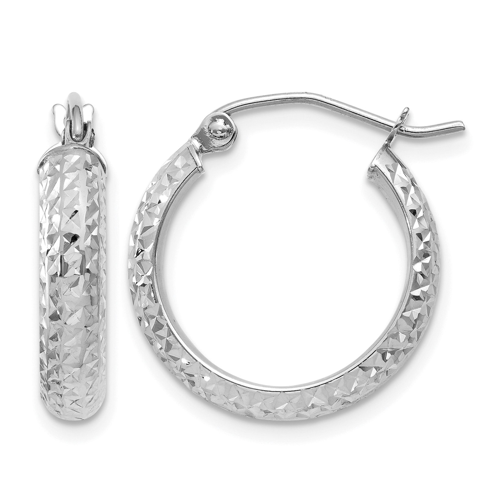 14K White Gold Diamond-cut 3.5x17mm Hollow Hoop Earrings (TC811)