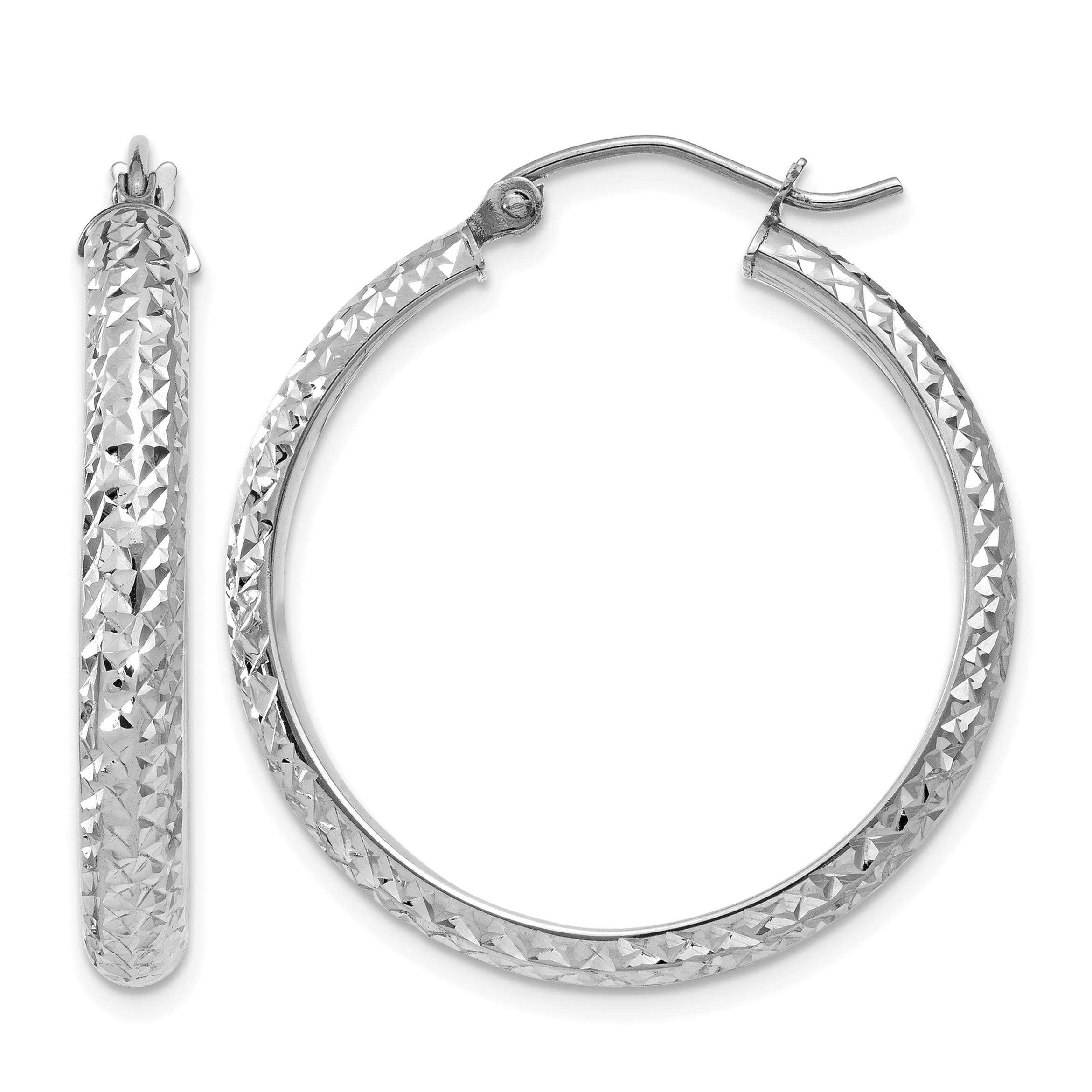 14K White Gold Diamond-cut 3.5x28mm Hollow Hoop Earrings (TC812)
