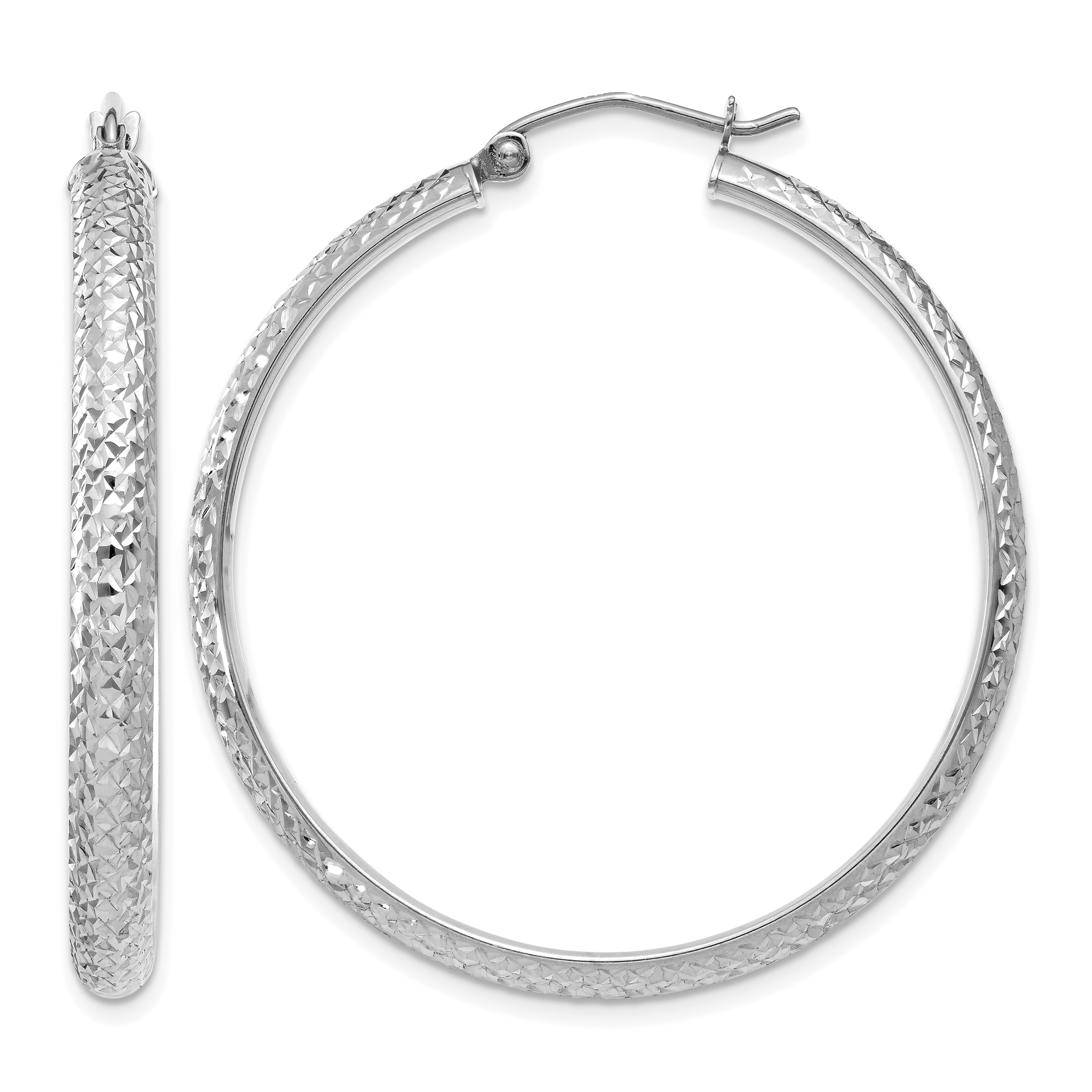 14K White Gold Diamond-cut 3.5x38mm Hollow Hoop Earrings (TC814)