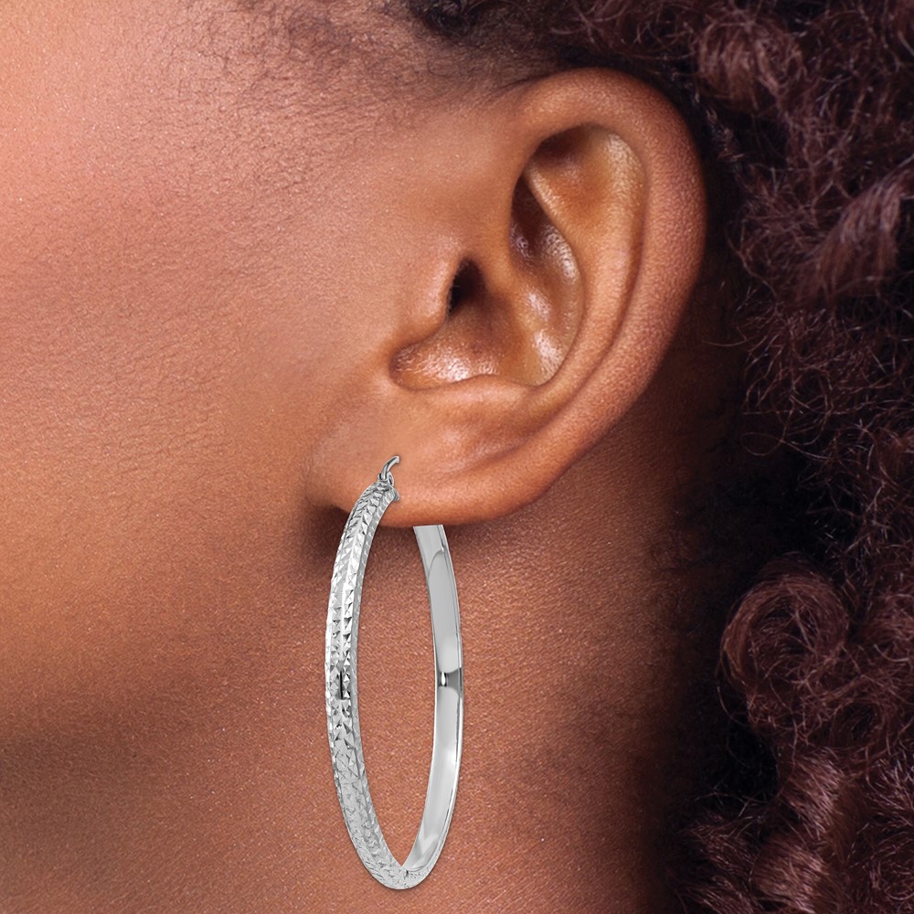 14K White Gold Diamond-cut 3.5x46mm Hollow Hoop Earrings (TC815)