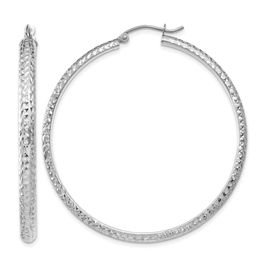 14K White Gold Diamond-cut 3.5x46mm Hollow Hoop Earrings (TC815)