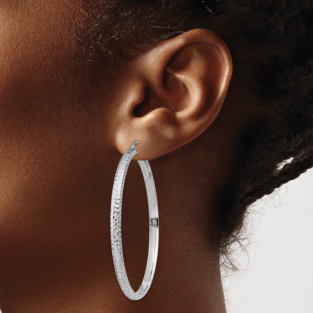 14K White Gold Diamond-cut 3.5x52mm Hollow Hoop Earrings (TC816)