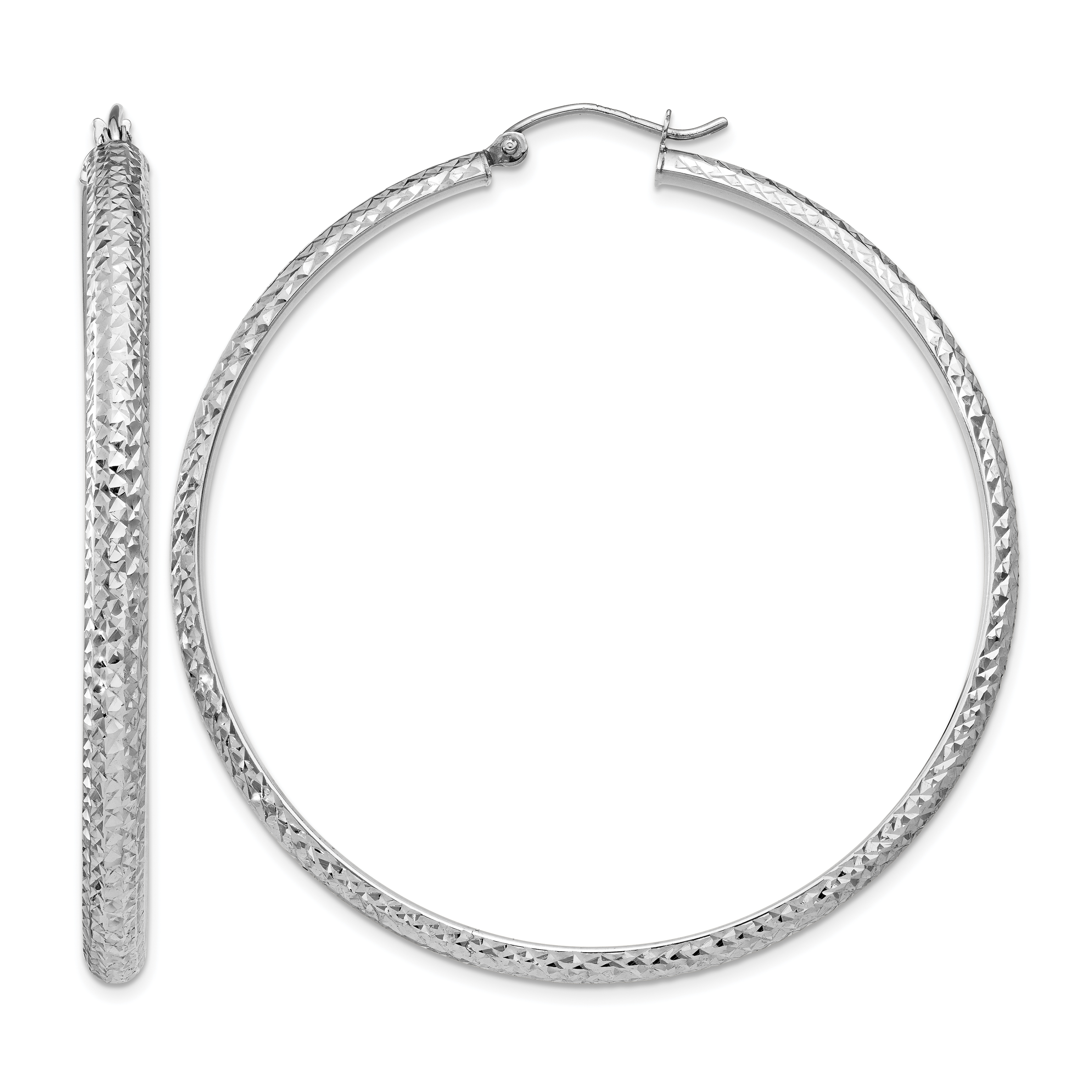 14K White Gold Diamond-cut 3.5x52mm Hollow Hoop Earrings (TC816)
