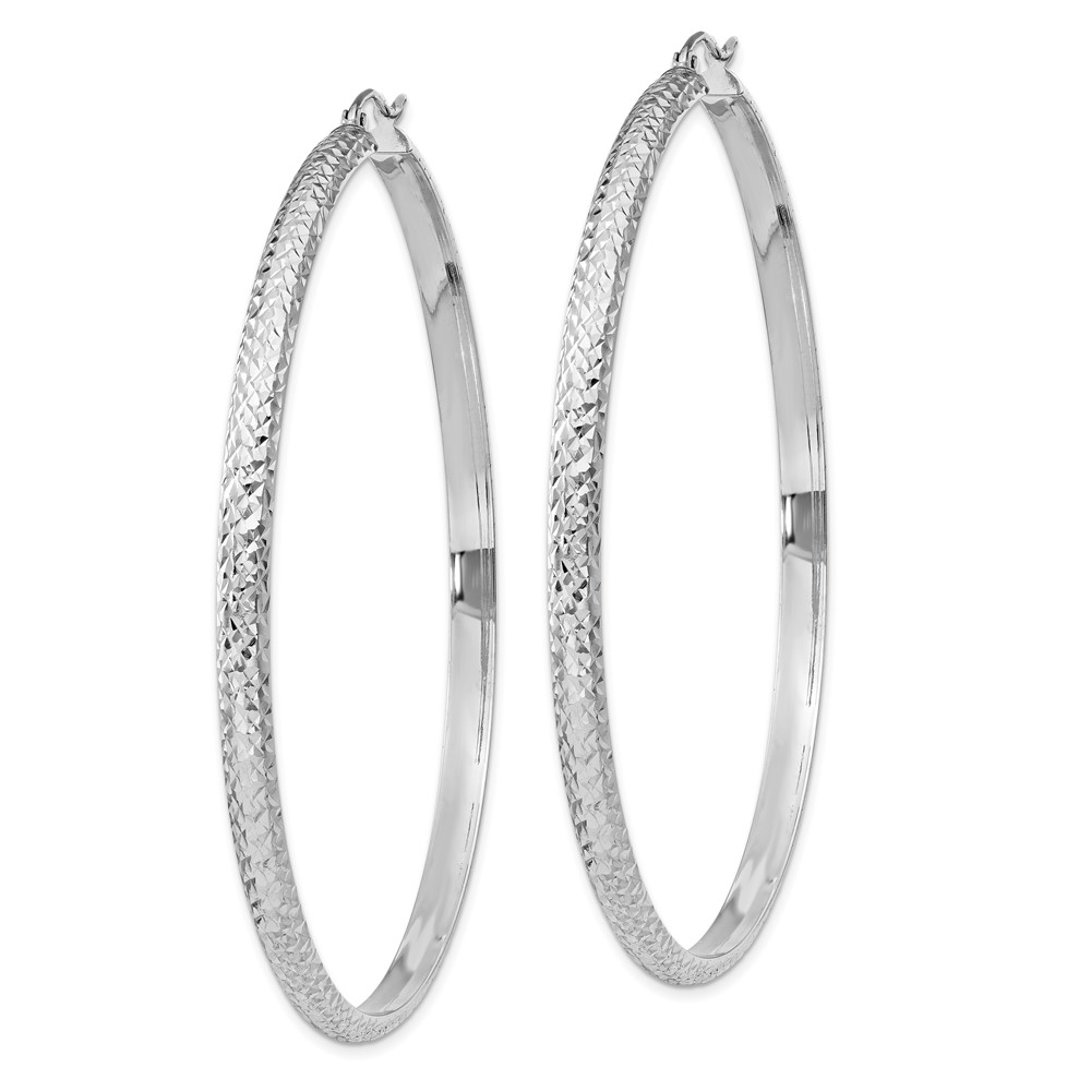 14K White Gold Diamond-cut 3.5x65mm Hollow Hoop Earrings (TC817)