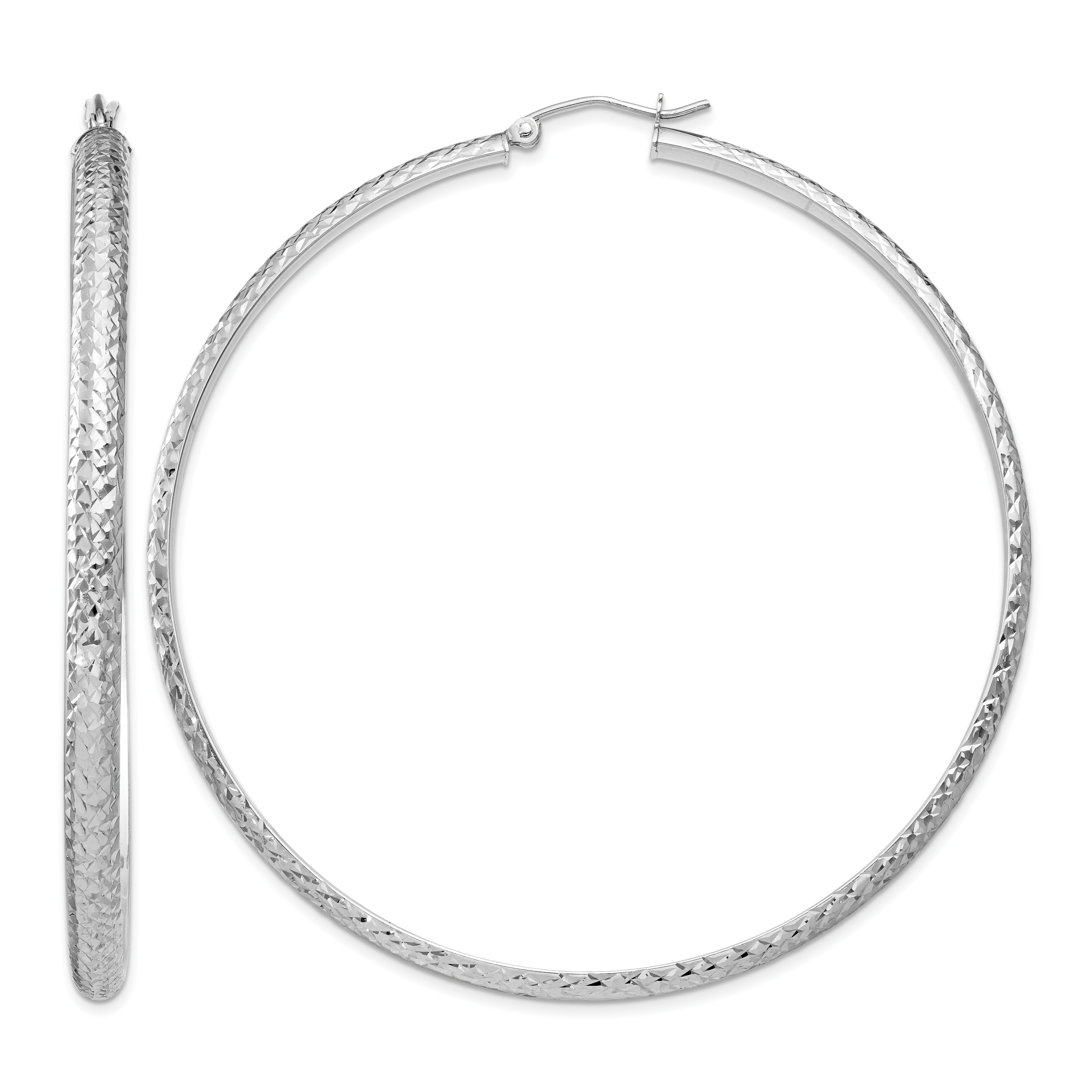 14K White Gold Diamond-cut 3.5x65mm Hollow Hoop Earrings (TC817)