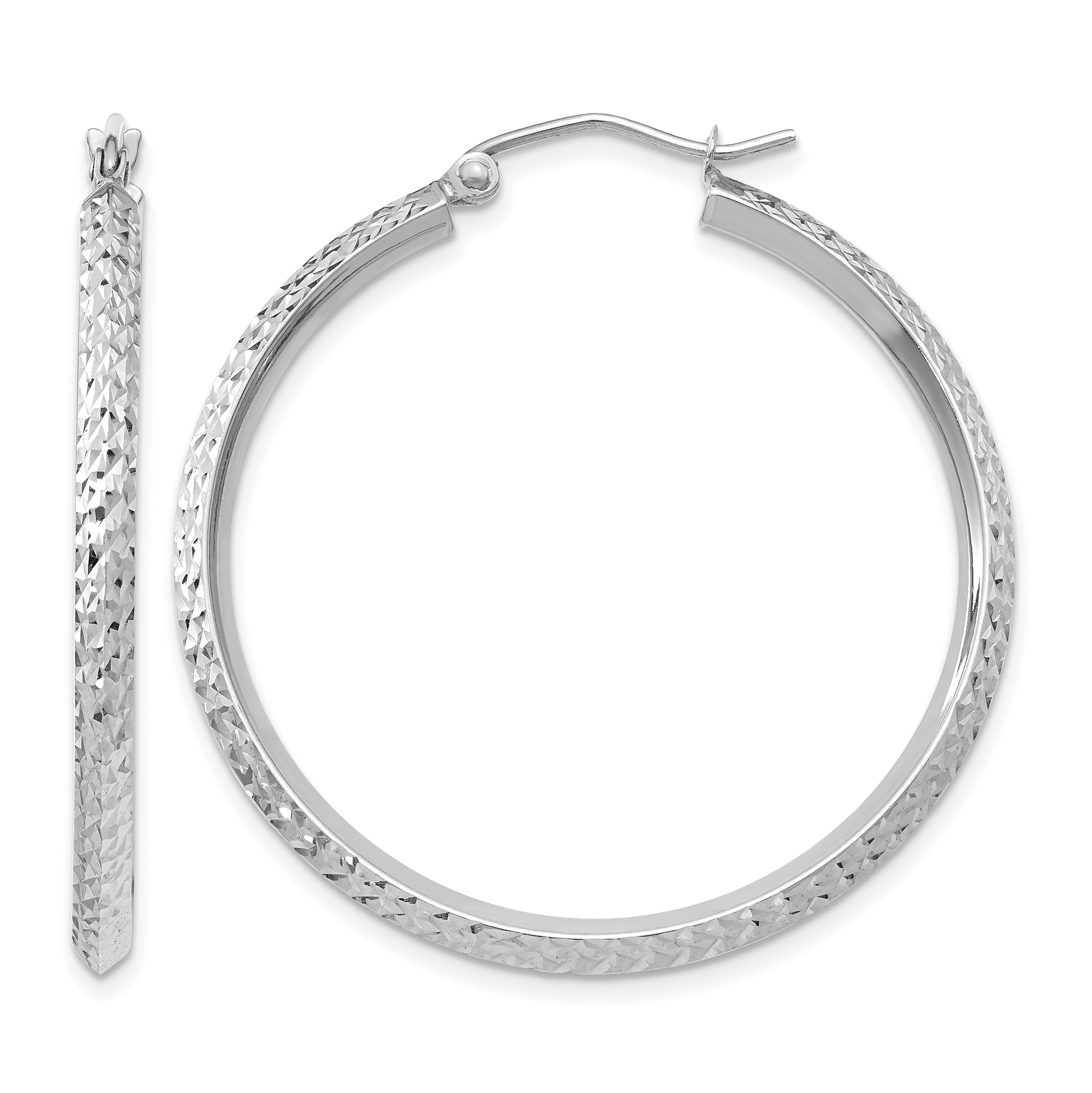 14K White Gold Knife Edge Diamond-cut 2.5x25mm Hoop Earrings (TC828)