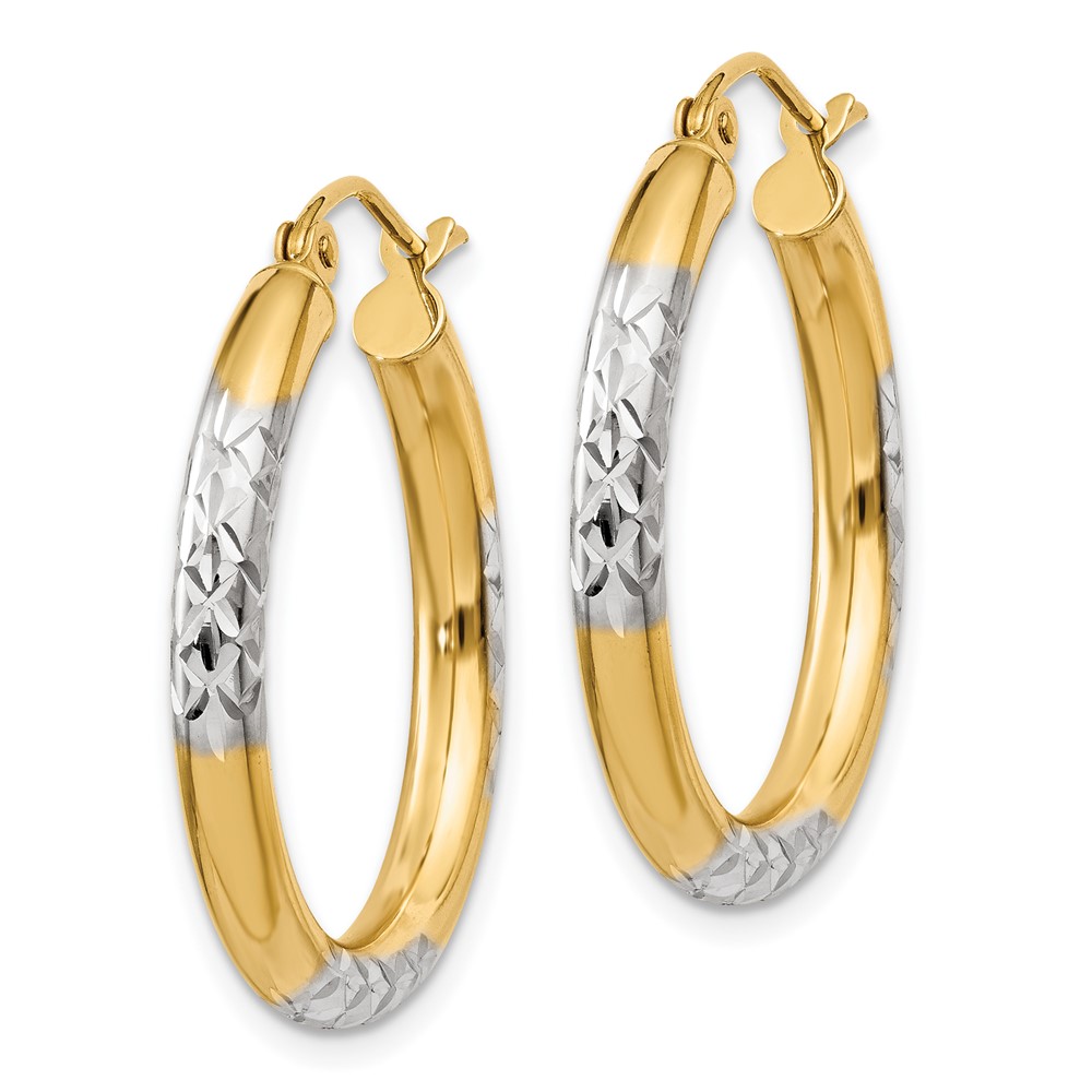 14K and Rhodium Diamond-cut 3x25mm Hoop Earrings (TC831)