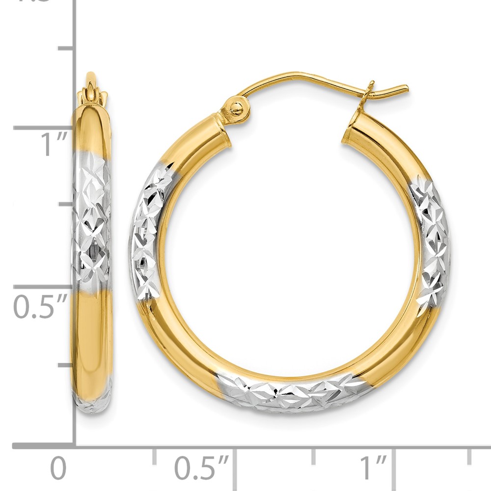 14K and Rhodium Diamond-cut 3x25mm Hoop Earrings (TC831)