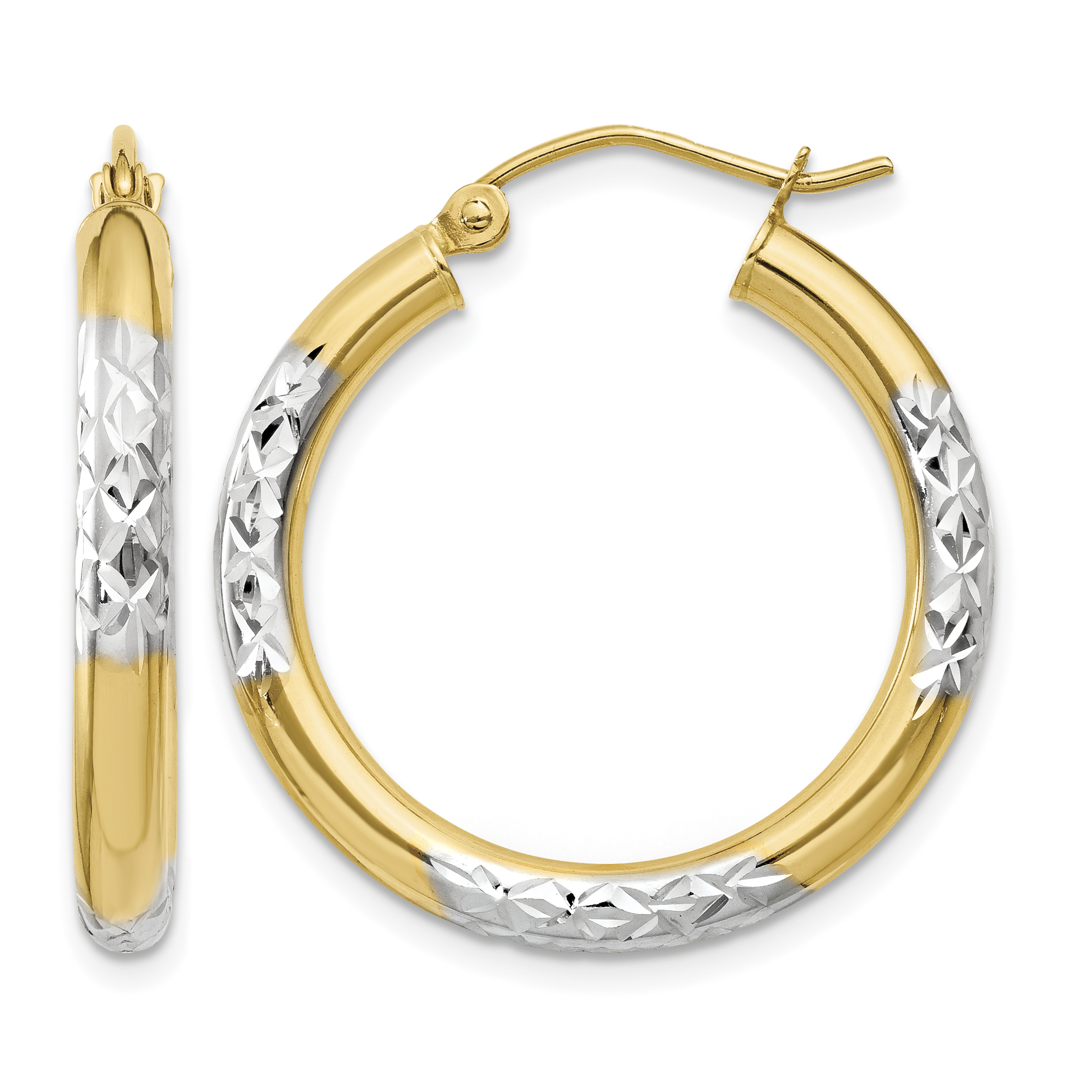 14K and Rhodium Diamond-cut 3x25mm Hoop Earrings (TC831)