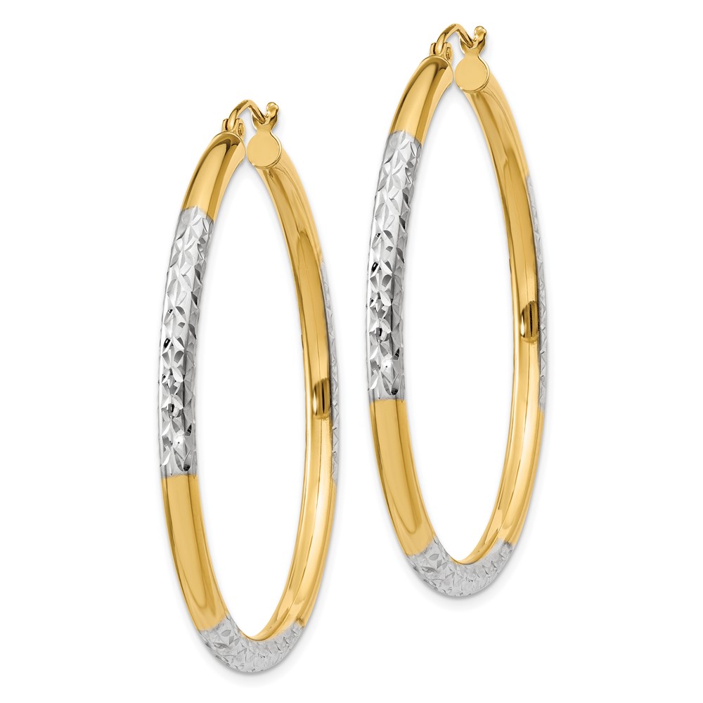 14K and Rhodium Diamond-cut 3x45mm Hoop Earrings (TC832)