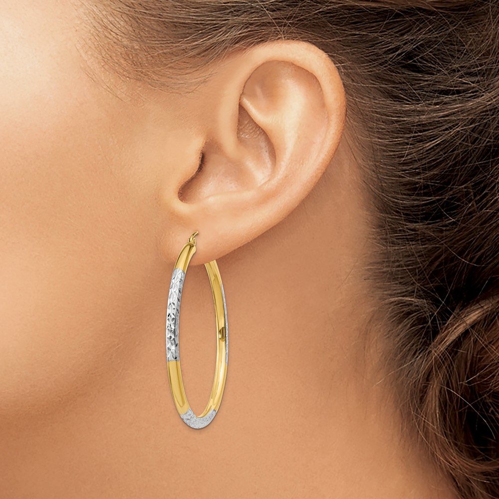14K and Rhodium Diamond-cut 3x45mm Hoop Earrings (TC832)