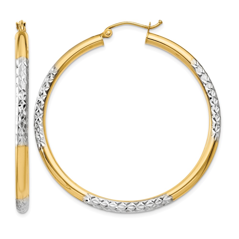 14K and Rhodium Diamond-cut 3x45mm Hoop Earrings (TC832)
