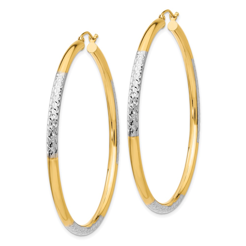14K and Rhodium Diamond-cut 3x55mm Hoop Earrings (TC833)