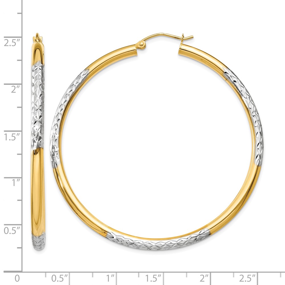 14K and Rhodium Diamond-cut 3x55mm Hoop Earrings (TC833)