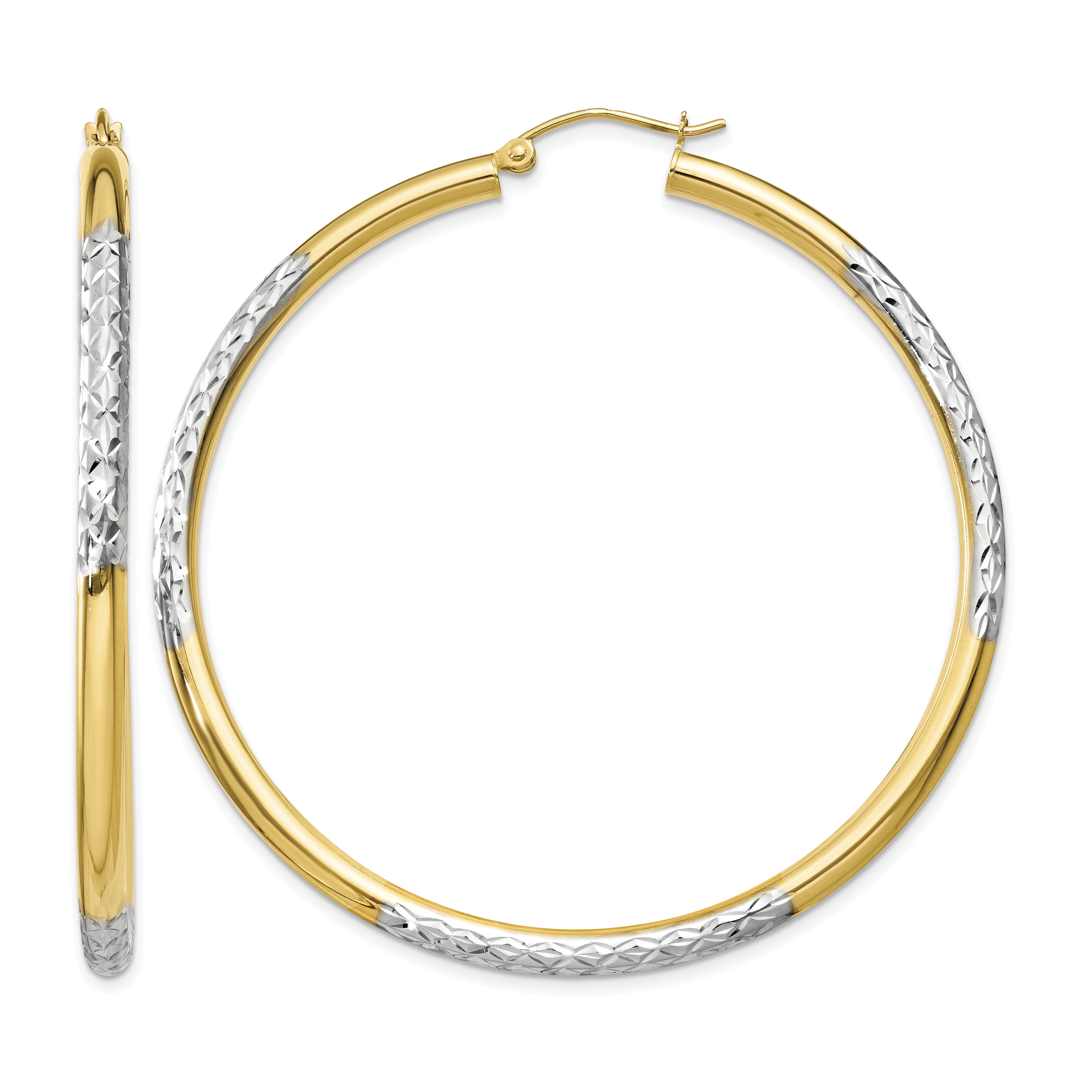 14K and Rhodium Diamond-cut 3x55mm Hoop Earrings (TC833)