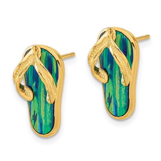 14k Polished with Lab Created Blue Opal Flip-Flop Post Earrings