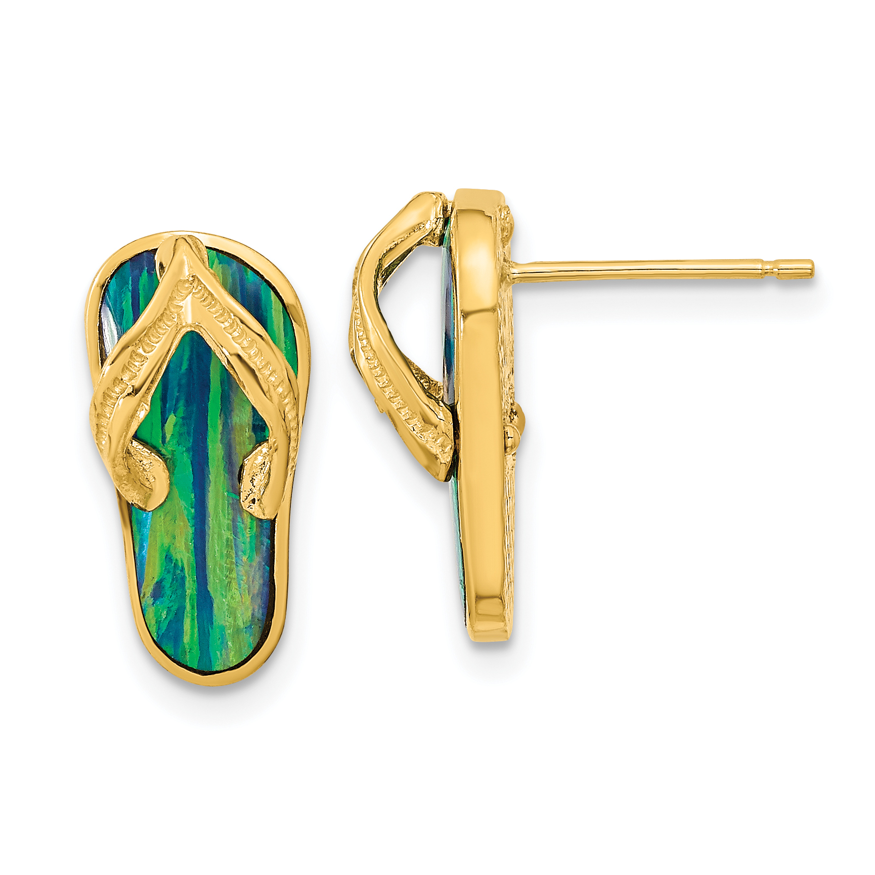 14k Polished w/Created Blue Opal Flip Flop Post Earrings (TC984)