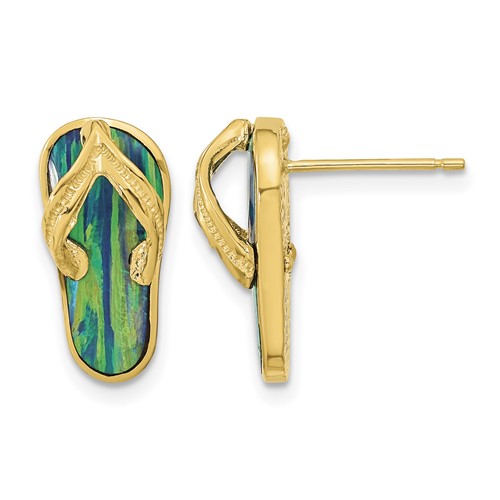 14K Yellow Gold Polished Earrings with Lab Created Blue Opal Flip-Flop Post