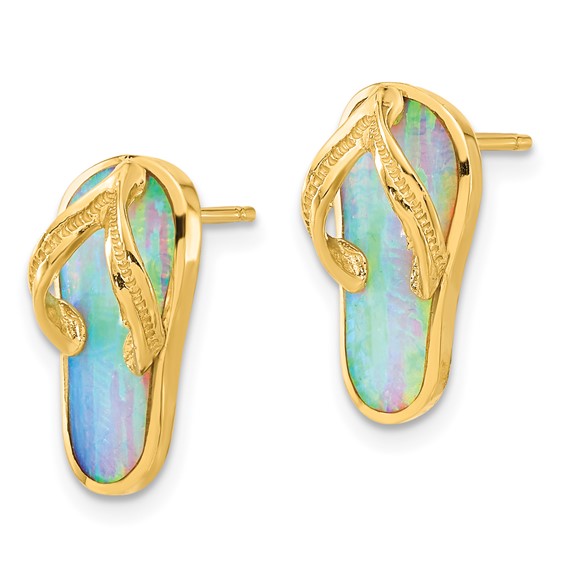 14k Polished with Lab Created White Opal Flip-Flop Post Earrings