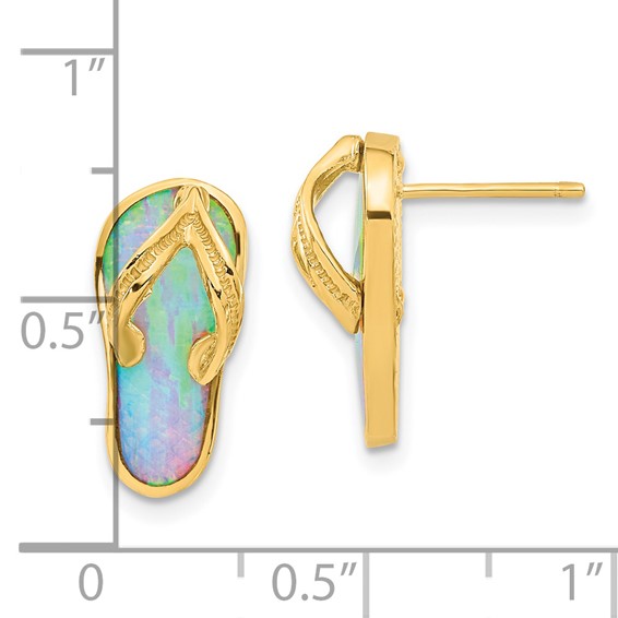 14k Polished with Lab Created White Opal Flip-Flop Post Earrings