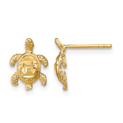 14K Yellow Gold Polished Diamond-cut Sea Turtle Post Earrings