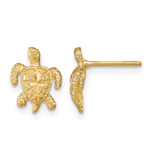 14K Yellow Gold Polished Diamond-cut Sea Turtle Post Earrings