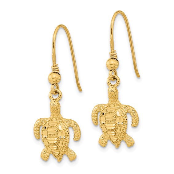 14k Polished and Textured Diamond-cut Turtle French Hook Earrings