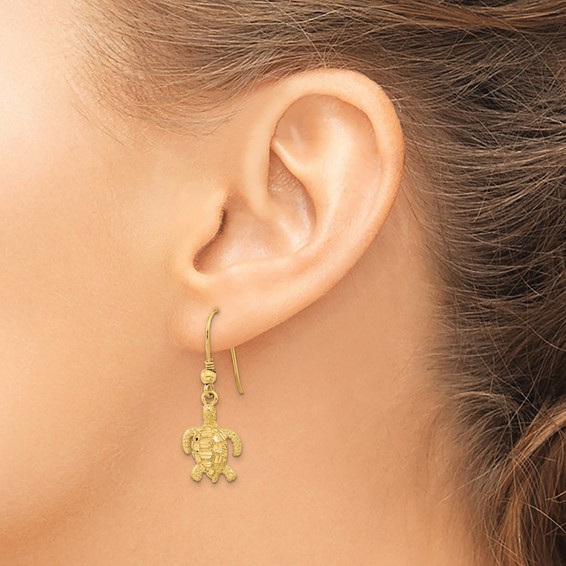 14k Polished and Textured Diamond-cut Turtle French Hook Earrings