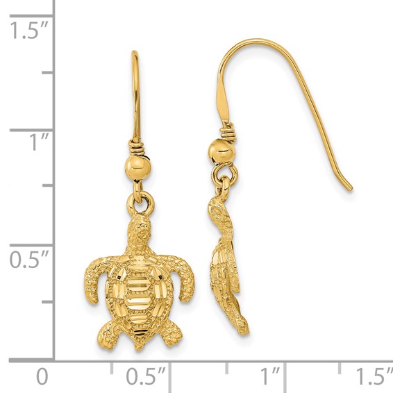 14k Polished and Textured Diamond-cut Turtle French Hook Earrings