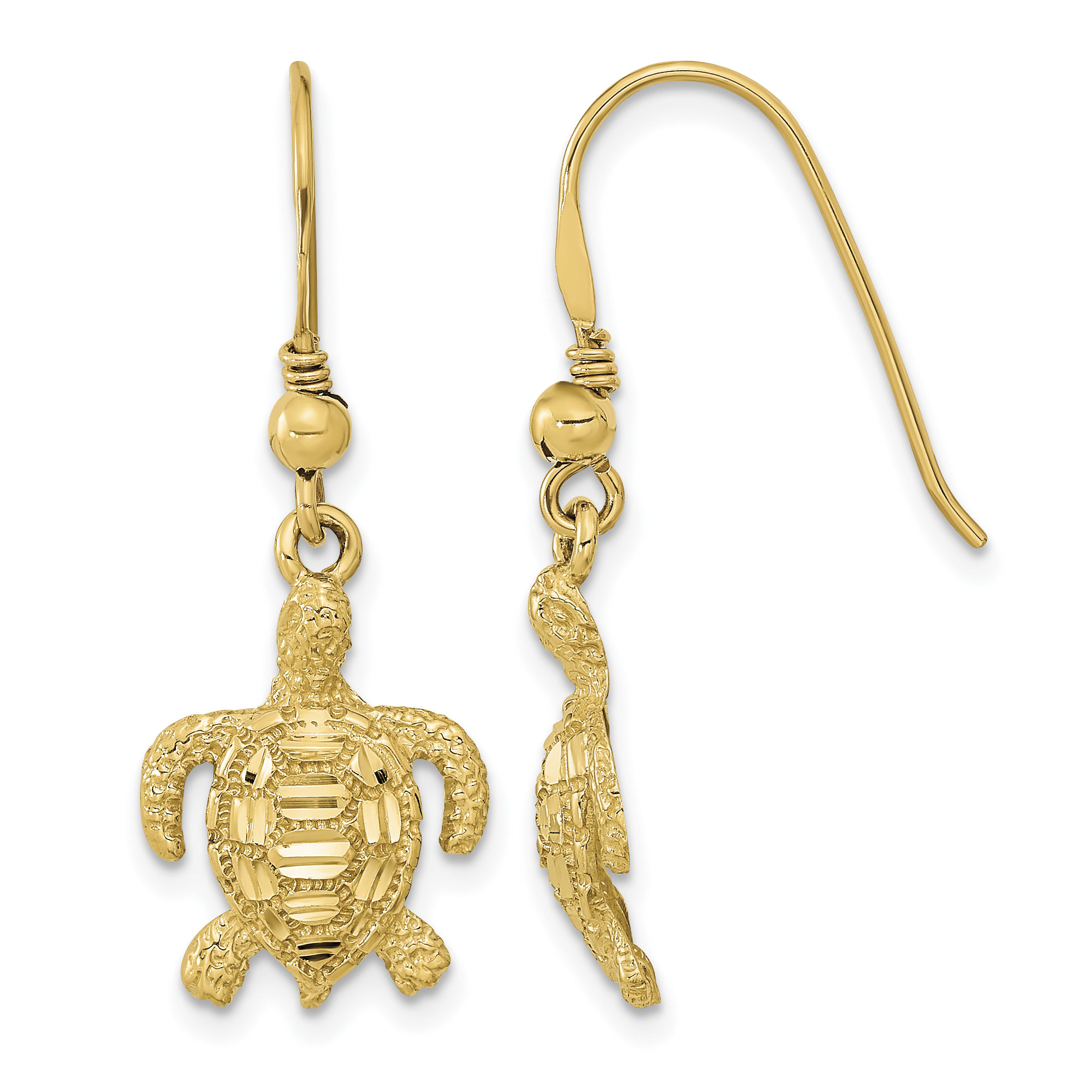 14k Polished & Textured Diamond-cut Turtle Shepherd Hook Earrings (TC996)