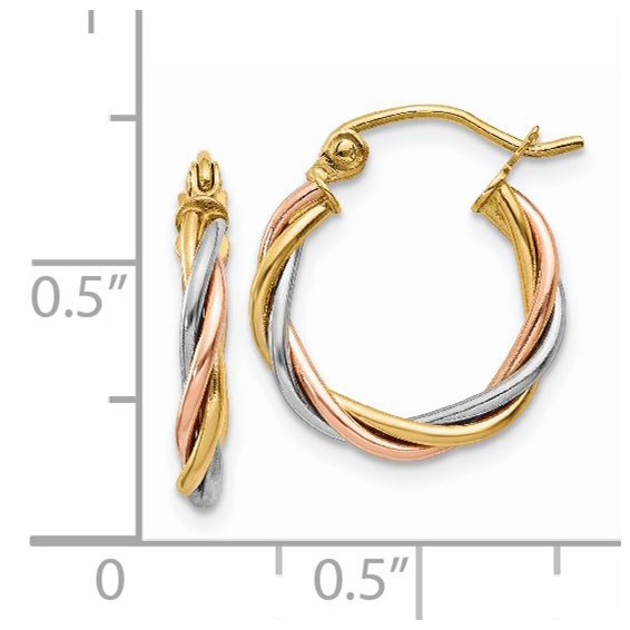2.5mm Gold Tri-color Twisted Tube Hoop Earrings