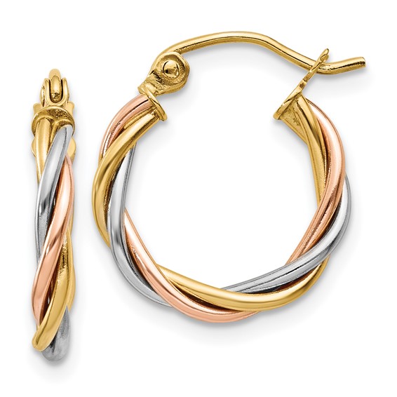 2.5mm Gold Tri-color Twisted Tube Hoop Earrings